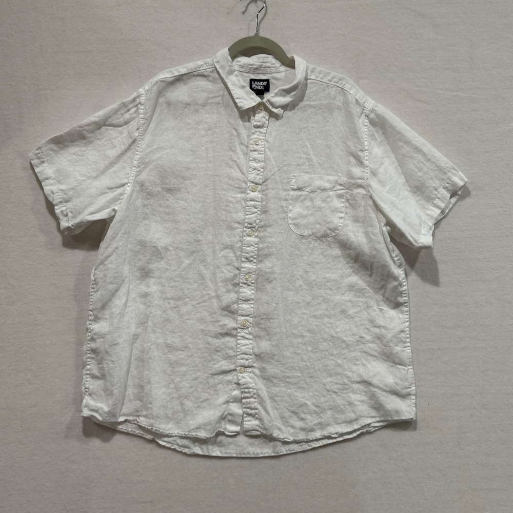 Lands End Mens XXL White 100% Linen Short Sleeve Button Down Shirt  coastal Core